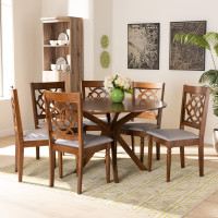 Baxton Studio Sadie-Grey/Walnut-7PC Dining Set Sadie Modern and Contemporary Grey Fabric Upholstered and Walnut Brown Finished Wood 7-Piece Dining Set